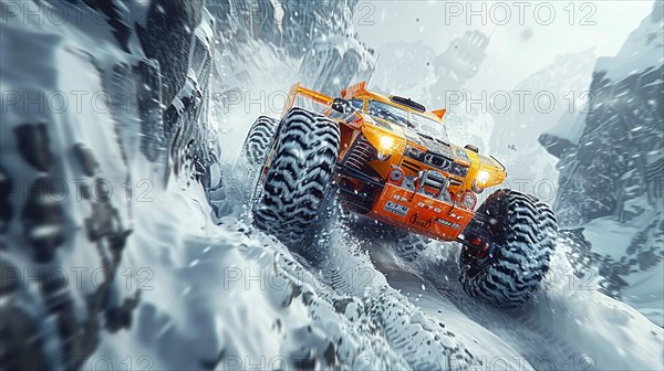 An orange monster truck powers through a snowy blizzard, contrasting the frozen landscape with its