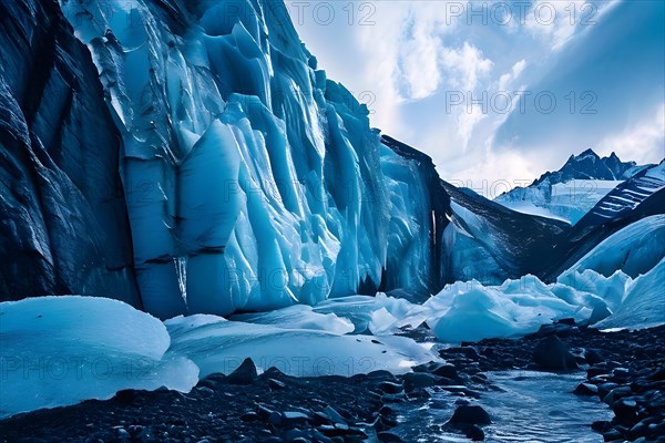 Glacier fractures embracing the deep crevasses indicative of rapid melting under a subdued sky, AI