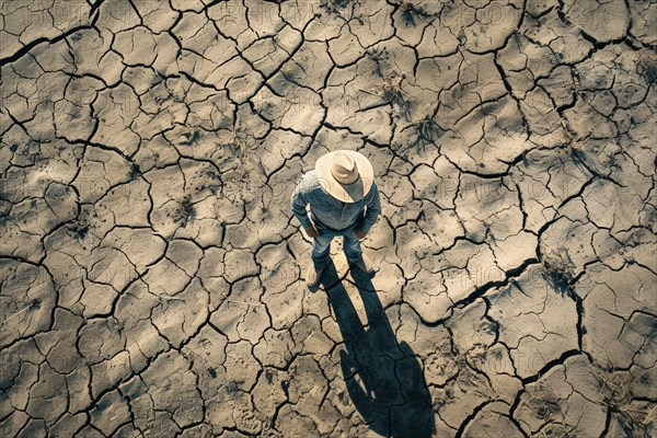 A farmer stands on a parched, cracked earth surface, due to lack of water, drought, extreme