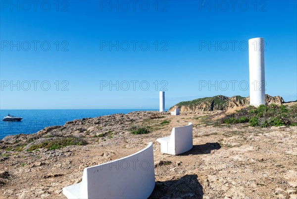Modern outdoor furniture, benches at the Mirador de les Malgrats viewpoint near Santa Ponca or