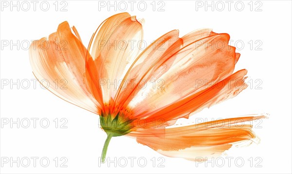 A vibrant orange brush stroke forming a chamomile petal. Chamomile flower painted on white