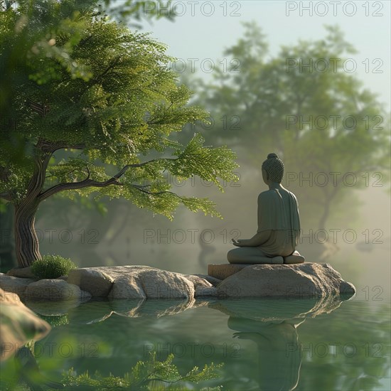A Buddha statue meditating by a foggy lake under a tree, image depicting relaxation, recreation,