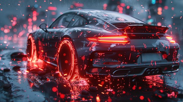 Classic german 2 door coupe Sports car under neon city lights in the rain with reflections on the