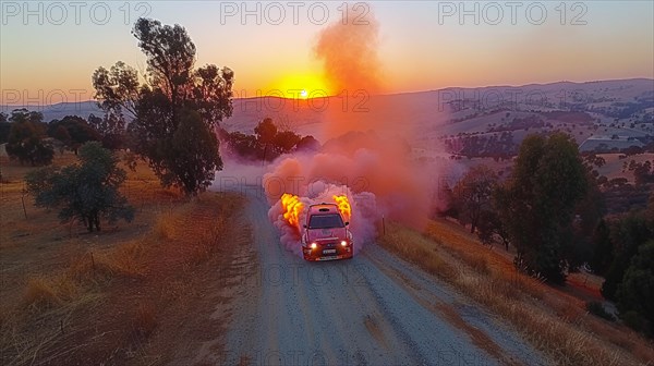A pickup truck in flames kicking up dust on a dirt road at sunset in a tranquil countryside, AI