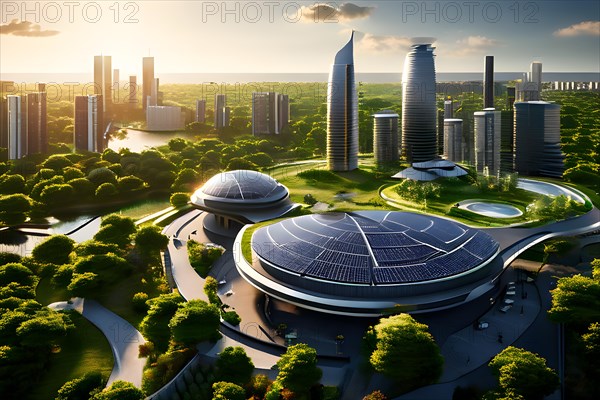 Conceptual futuristic sustainable city replete with green rooftops and integrated solar panels, AI