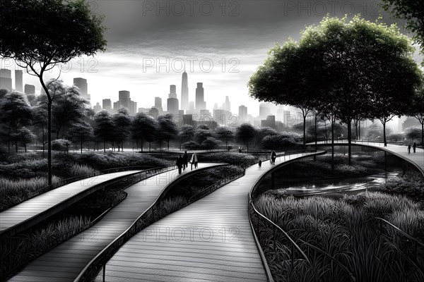 Cityscape designed with pedestrian priority elevated walkways intersect with verdant greenbelts, AI