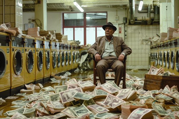 A man in an elegant suit sits relaxed on a chair, surrounded by washing machines and bundles of
