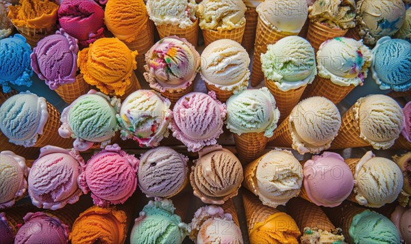 Colorful assortment of ice cream cones on the shop showcase. Colorful ice cream background AI
