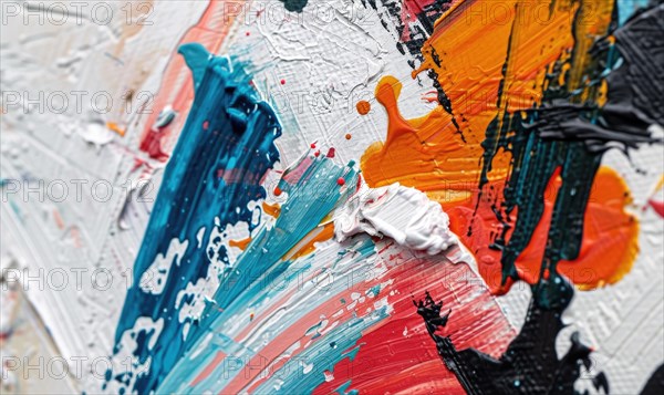 Multicolored brush stroke artwork with a mixture of thick and thin strokes on a white surface,