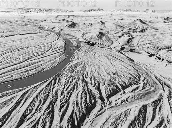 Overgrown river landscape, onset of winter, Fjallabak Nature Reserve, drone image, black and white