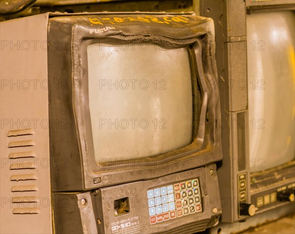 Old dilapidated CRT course plotter display on board submarine at Unification park in Gangneung,