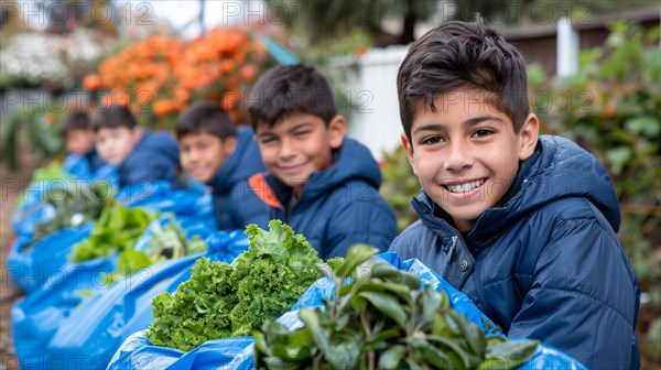 Group of children engaged in gardening, filling blue bags with fresh leafy greens, agricultural and