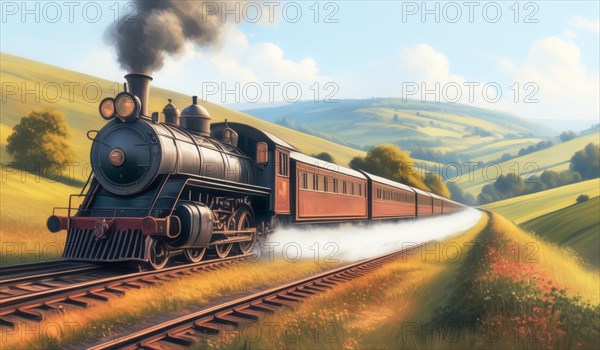 Vintage steam engine train chugging through a pastoral countryside landscape, ai generated, AI