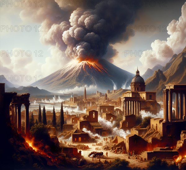Pompeii during the eruption of the volcano Vesuvius in 79 AD, lava pours into the ancient city, AI