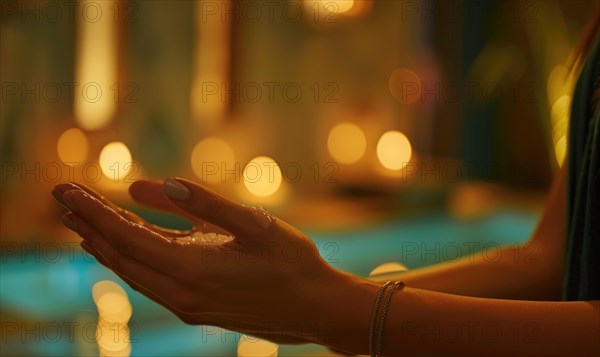 Hand with water droplets against a backdrop of tealight candles, mirroring a tranquil feeling AI