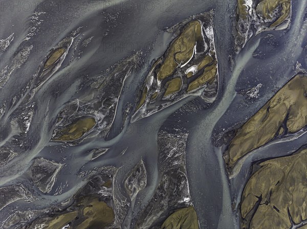 Overgrown river landscape, Eldhraun, near Kirkjubaejarklaustur, drone image, Sudurland, Iceland,