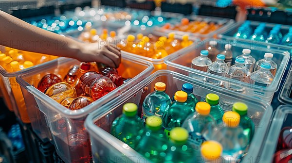 Various colorful plastic bottles sorted in bins at a market for selection or recycling, AI