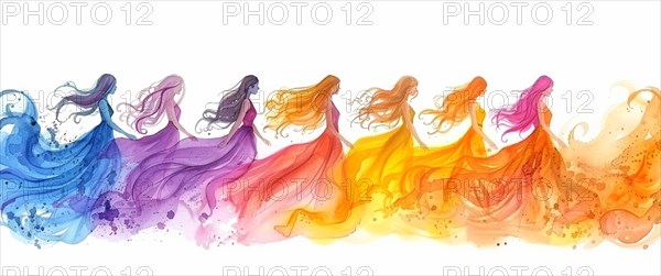 Abstract watercolor image with seven silhouettes of women with flowing dresses in a rainbow of
