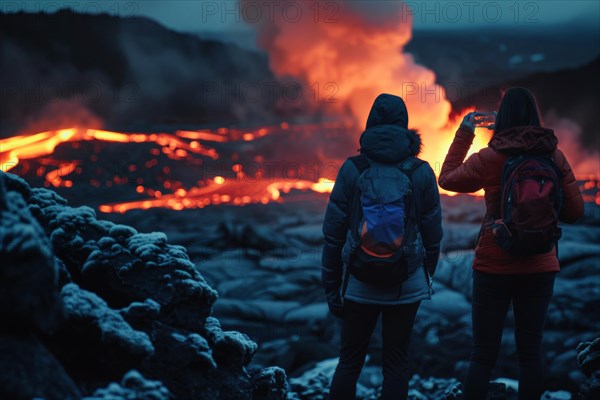 Tourists, onlookers photograph a spectacular volcanic landscape with liquid, partially cooled lava