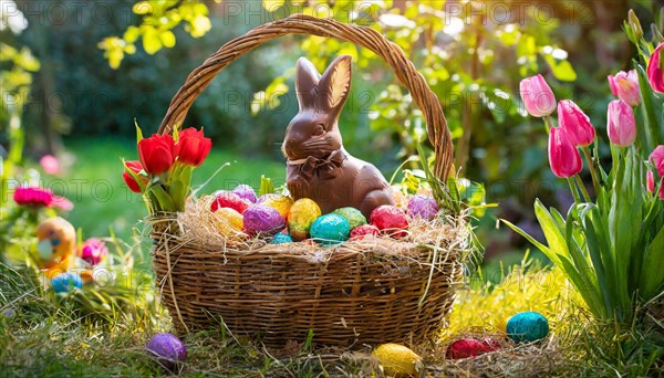 Chocolate Easter bunny in a basket with colourful Easter eggs surrounded by tulips in a sunny