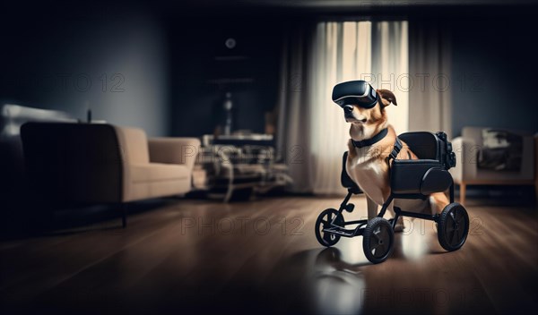 Dog in a wheelchair, pet rehabilitation in technological virtual reality glasses, blind dog, AI
