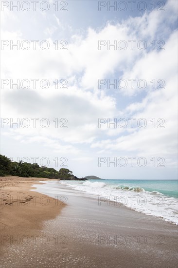 Lonely, wide sandy beach with turquoise-coloured sea. Tropical plants in a bay in the Caribbean