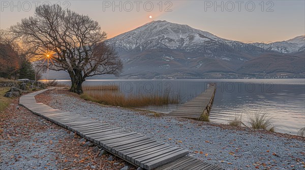 A serene winter sunset by a lake with a jetty and mountains in the background, image depicting