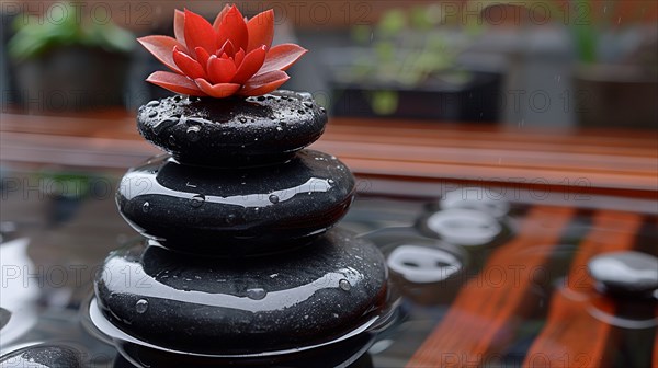 Black zen stones with a red flower on top and water drops, conveying a sense of calm, image