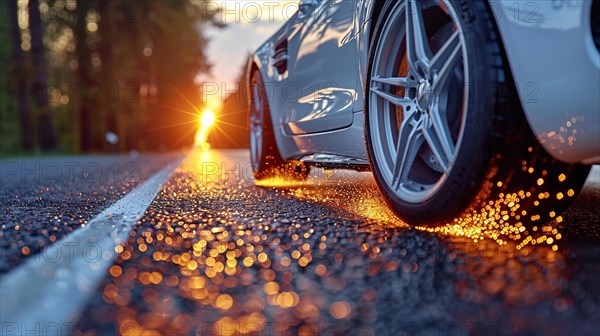 Close-up of sports car headlight reflecting the sunset on an evening road, low ultra wide angle, AI