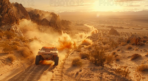 A rally car speeds through the desert, kicking up clouds of dust in golden sunset light, AI