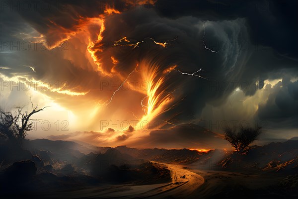 3d render abstract particles converging into a tornado to represent severe weather phenomena, AI