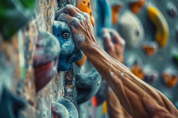 Close up of hand with chalk grabbing grip on artificial rock wall. KI generiert, generiert, AI