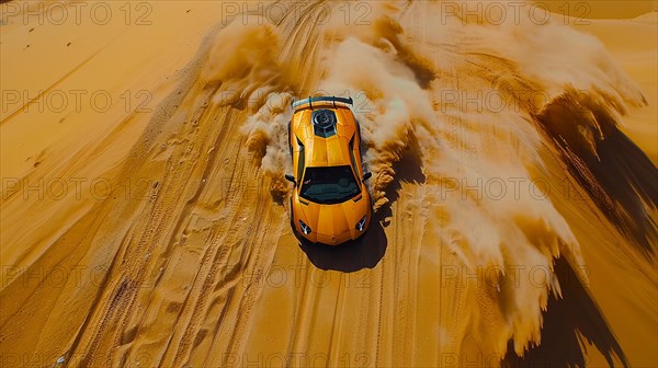 An orange car speeding through desert sand dunes, creating a massive dust trail, action sports