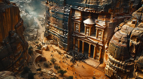 Tourists gathering in front of Al-Khazneh in the ancient city of Petra, Jordan, ai generated, AI