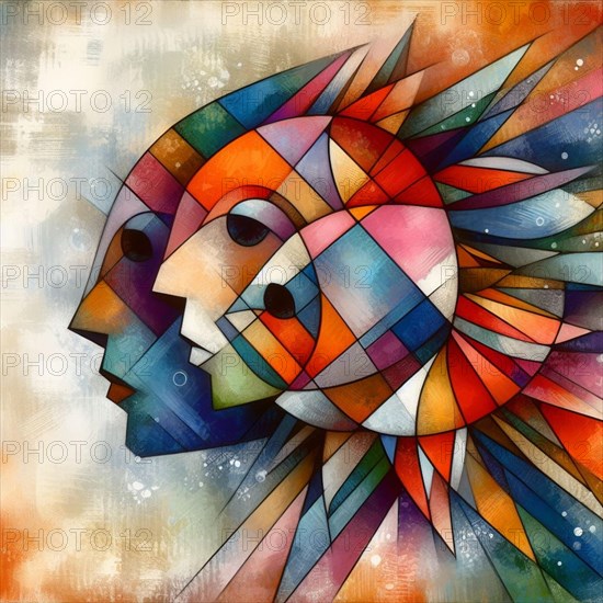 Modern abstract art with multiple colorful faces and geometric cubism style, square aspect, animal