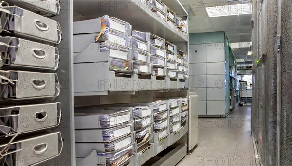 Stuffed shelves with files in a business environment, symbol bureaucracy, AI generated, AI