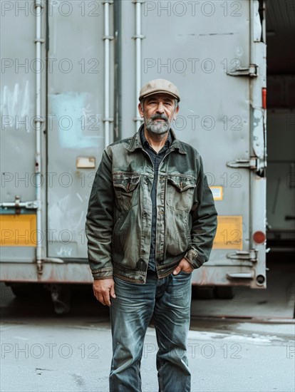 A rugged blue-collar worker standing outside with a thoughtful expression, AI generated