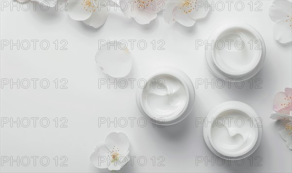 Three creme jar blank mockups nestled amidst delicate flower petals on a white background AI
