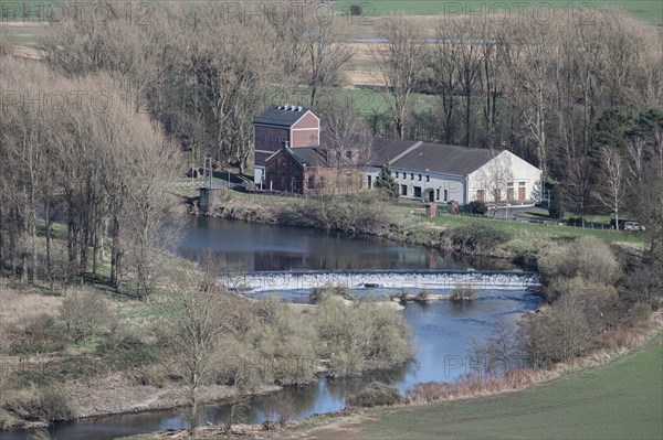 Volmarstein waterworks, top view from Volmarstein Castle, Ruhr makes a bend and flows down the
