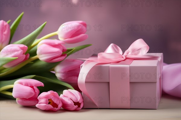 Gift Box with Pink Ribbon Beside bouquet of Fresh Tulips on Bokeh Background. Good for Valentine