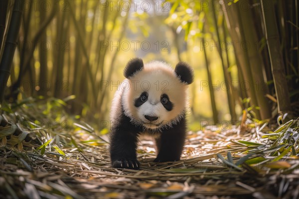 Cute panda cub in a lush bamboo grove, The image showcases the beauty and serenity of nature and