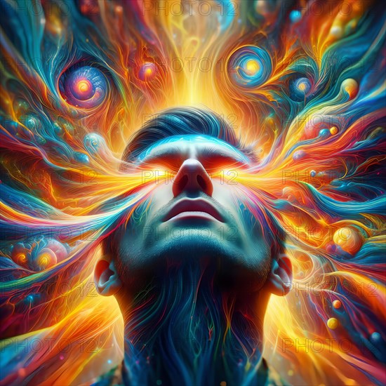 A man has delusions in his head, symbolic image intoxication, narcotic, drug, drug use, fantasies,