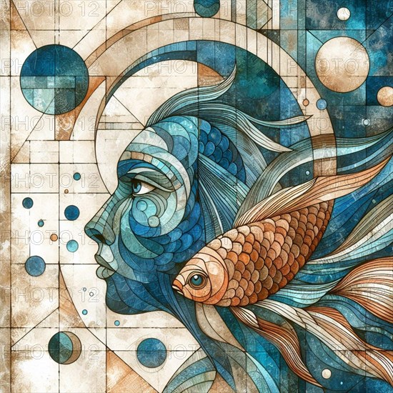 Abstract art of a woman with fish motifs in watercolor and geometric patterns, square aspect,