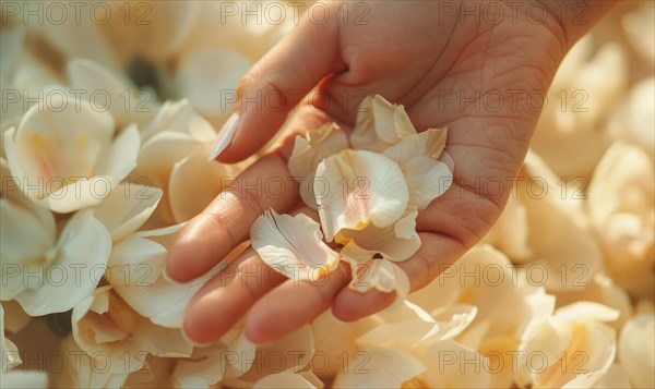 Close-up of a woman's hand with a neutral manicure, adorned with delicate flower petals AI