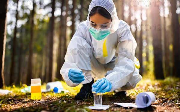 Securing evidence at a crime scene in the forest, KTU, forensic investigation by the criminal