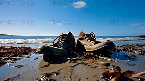 Pair of empty shoes on the shore of a beach marred by plastic waste symbolizing human influence, AI