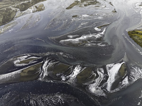 Overgrown river landscape, Eldhraun, near Kirkjubaejarklaustur, drone image, Sudurland, Iceland,