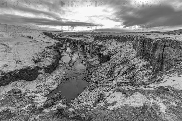 Hrauneyjarfoss waterfalls, onset of winter, black and white photo, Sudurland, Iceland, Europe