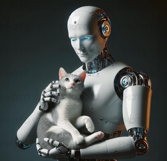 A humanoid robot holds a cat in its arms and strokes it, symbolic image cybernetics, emotion,