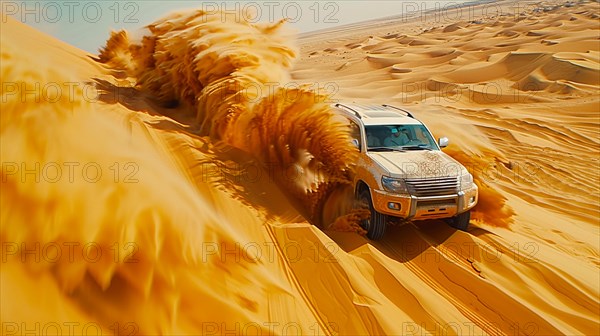 A beige SUV charging through the desert dunes, throwing up waves of sand, action sports